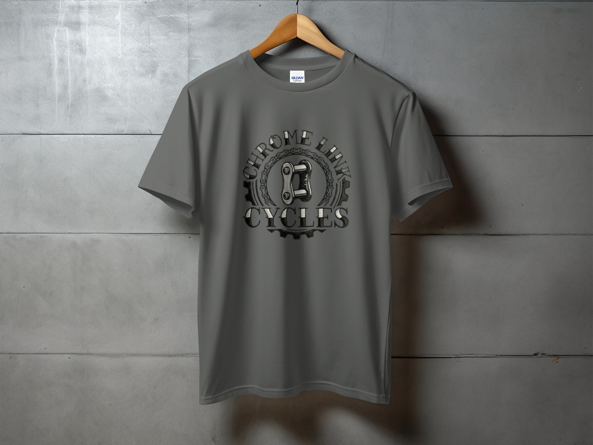 Charcoal t-shirt with "Chrome Link Cycles" text and gear graphic.