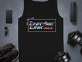The Chrome Link Cycles logo on a black tank top, surrounded by fitness gear.