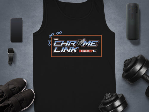 The Chrome Link Cycles logo on a black tank top, surrounded by fitness gear.