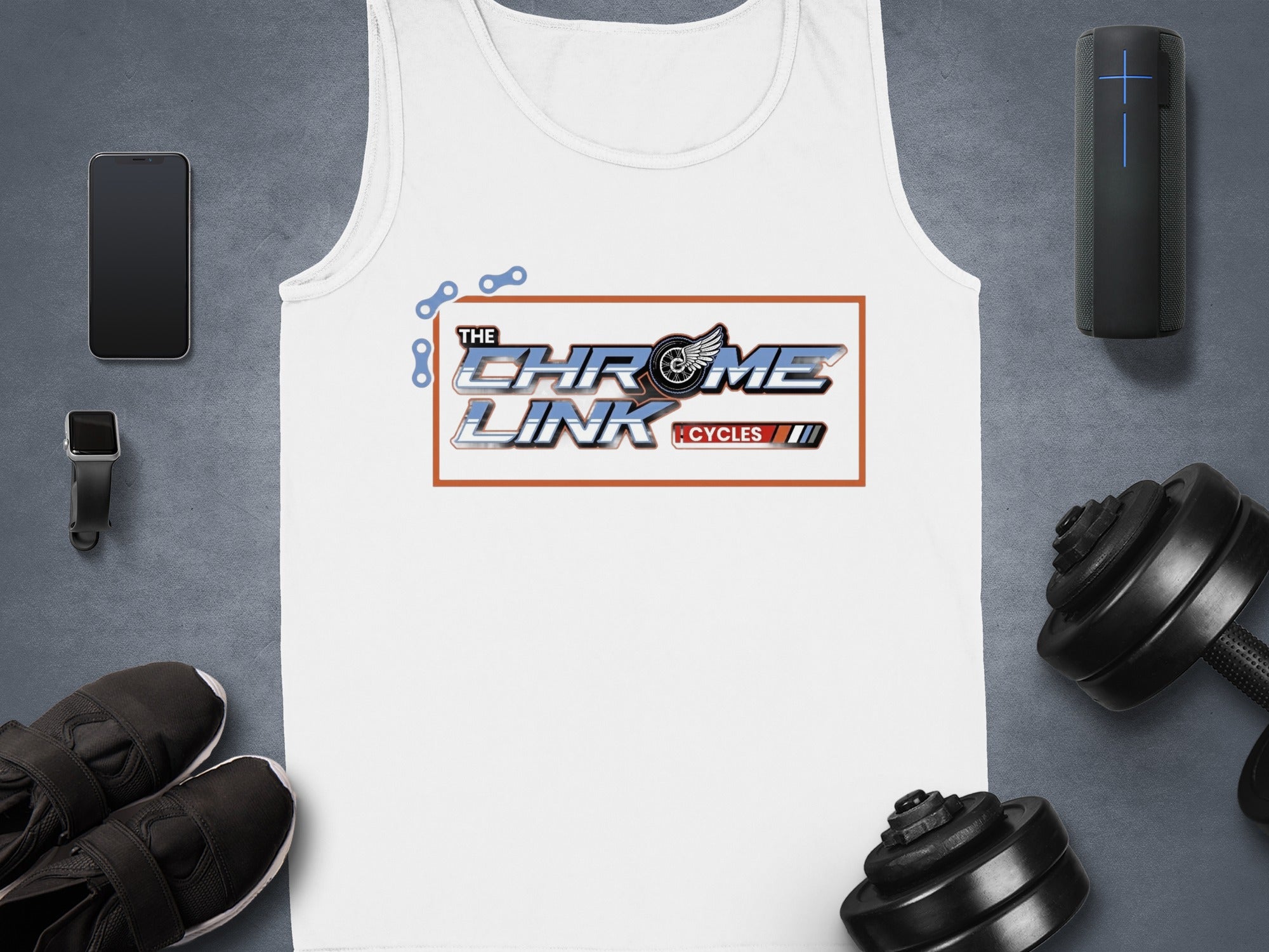 White tank top with "The Chrome Link Cycles" logo and motorcycle chain graphic.