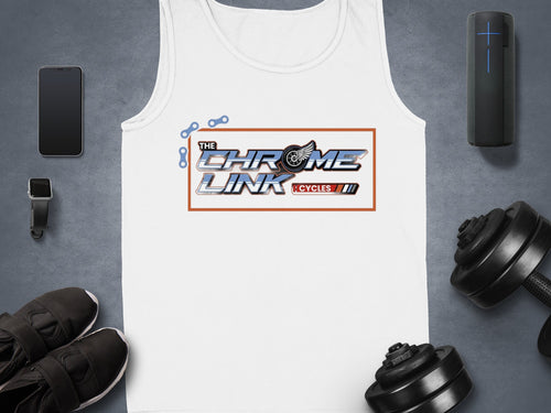 White tank top with "The Chrome Link Cycles" logo and motorcycle chain graphic.