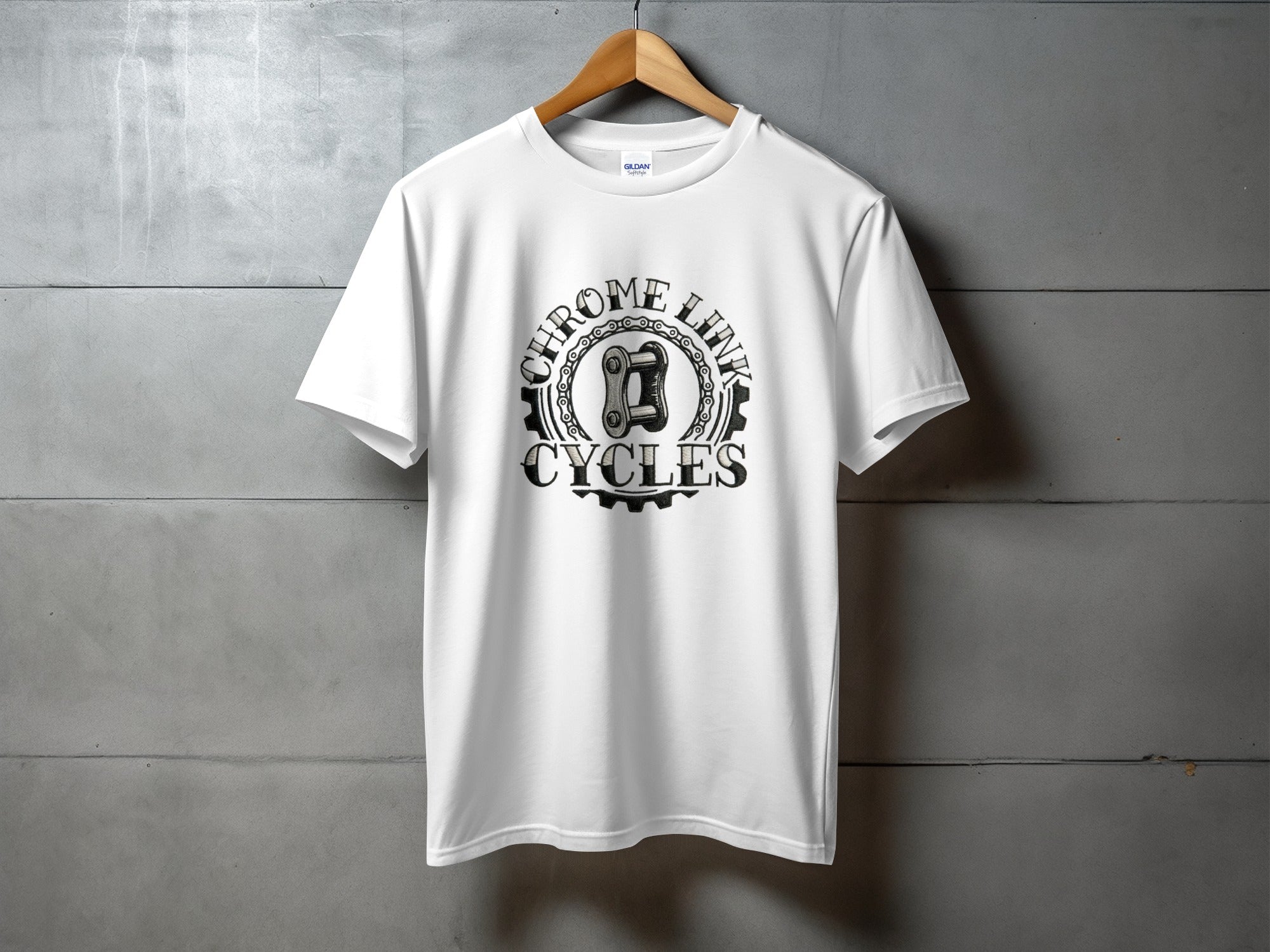 White t-shirt with "Chrome Link Cycles" logo and gear graphic.